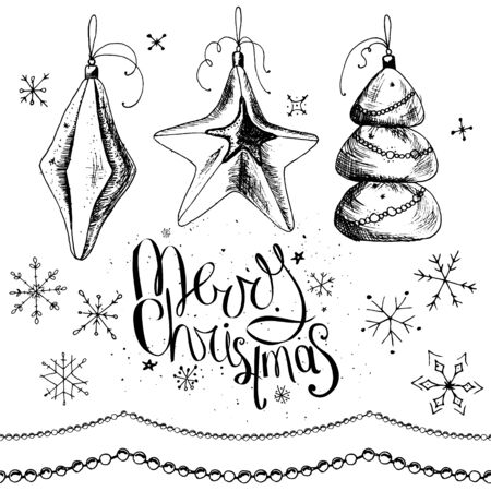 Set with Christmas decor and phrase Merry Christmas isolated on whiteのイラスト素材