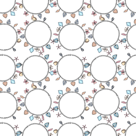 Seamless jewellery pattern with bracelets with charms, beads, gems. Endless texture, white, black, blue, pink color.のイラスト素材