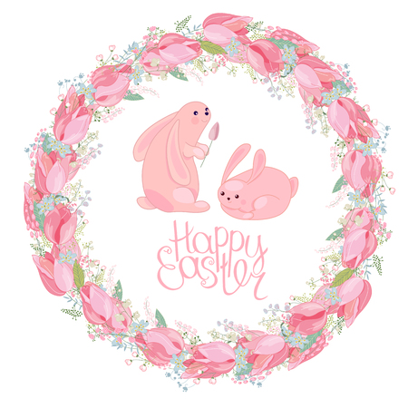 Easter round  wreath with rabbits, tulips, herbs and phrase Happy Easter. Red and pink color. White background.のイラスト素材