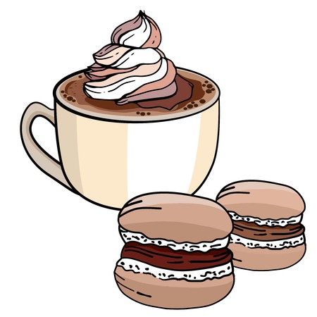 Cup of coffee and sweet chocolate merengue isolated on white background. Vector illustration. For restaurant and cafe menu.のイラスト素材