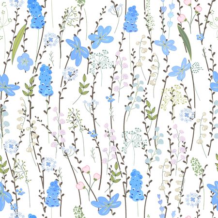 Seamless spring pattern with stylized cute blue flowers.  Endless texture for your design, greeting cards, announcements, posters.のイラスト素材