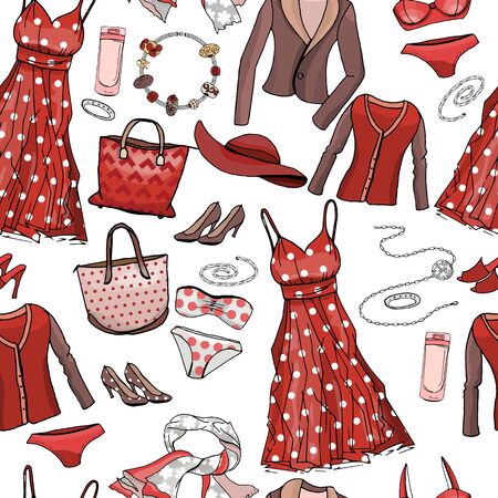 Seamless pattern with woman dresses, underwear, bra, accessories, jewel, bags. Endless texture for fashion design. Objects on white, red and brown color. Romantic and casual style.の写真素材