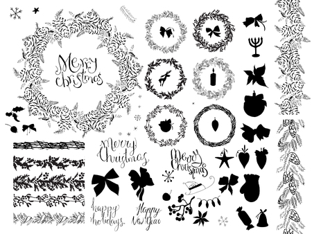 Big set with vintage Christmas decoration.  Festive elements and symbols  for new year season design. Monochrome,contour, black and white, hand drawn.のイラスト素材