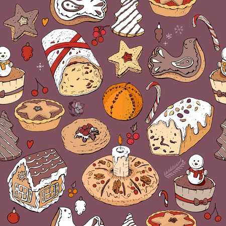 Seamless pattern with christmas pastry. Endless texture for festive design, restaurant and cafe menu, decoration. Dark background.のイラスト素材