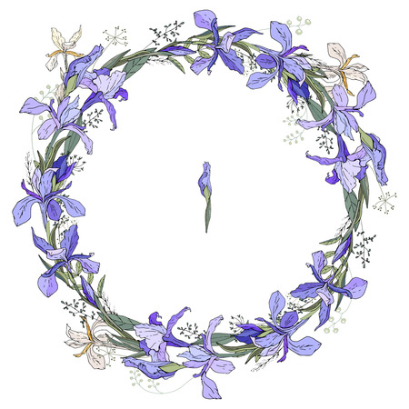 Round floral garland with iris flowers. Decoration for wedding and romantic designのイラスト素材