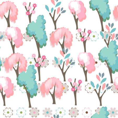 Seamless season pattern with contour wild flowers, herbs and leaves. Endless texture for floral summer design with plantsのイラスト素材