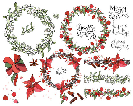 Set with Christmas decoration. Round garland decorated with season festive elements.  For season greeting cards, posters,advertisement. Vintage style.のイラスト素材
