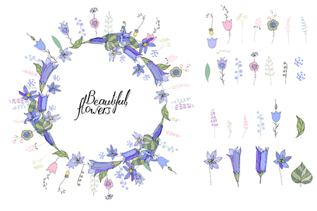 Round wreath made of blue bells. Template for spring and summer greeting cardsのイラスト素材