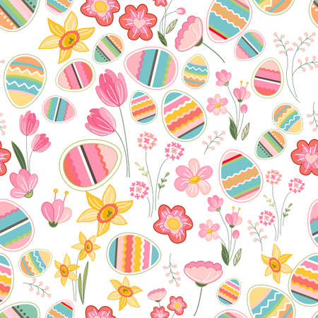 Floral seamless pattern with eggs, birds and stylized flowers. Endless texture for spring design, decoration, greeting cards, posters, invitations, advertisement.のイラスト素材