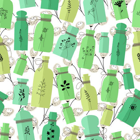 Seamless pattern with bottles full of herbs. Endless texture for season designのイラスト素材