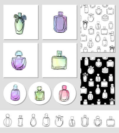 Set with different fashion templates with various perfume bottles. Cards for your design and advertisementのイラスト素材