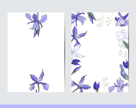 Greeting cards with floral elements. Decor with herbs and irisesのイラスト素材