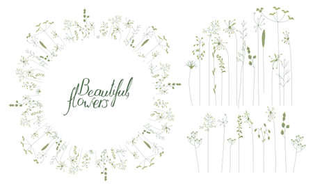 Detailed contour wreath with flowers and herbs isolated on white. Round frame for your design, greeting cards, wedding announcements, posters.のイラスト素材