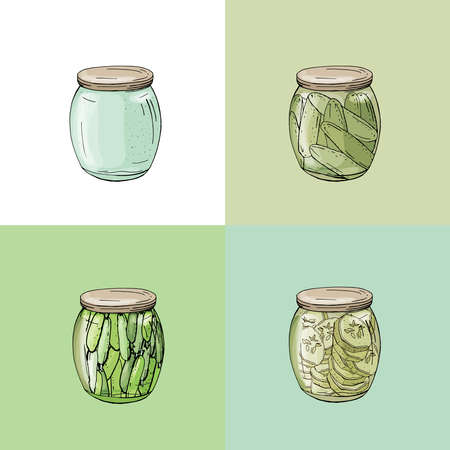 Collection with different glass jars with home made vegetables. Hand drawn objectsのイラスト素材