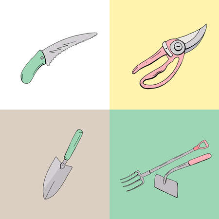 Color set with different gardening tools. Object for growing plants at home and outdoorsのイラスト素材