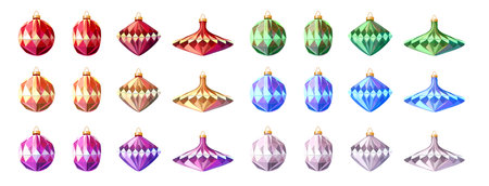 Festive glass stars and balls for Christmas tree decoration. Different color.のイラスト素材