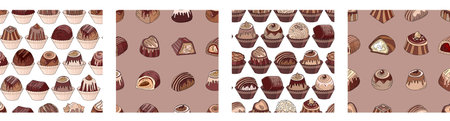 Seamless patterns with different kinds of chocolate candies - milk, dark, white chocolate. Endless textures for your design, announcements, cards, posters, restaurant menu.のイラスト素材