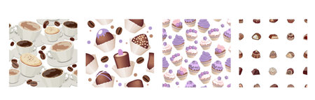 Seamless pattern with cups of coffee, sweet muffins and chocolate candiesのイラスト素材