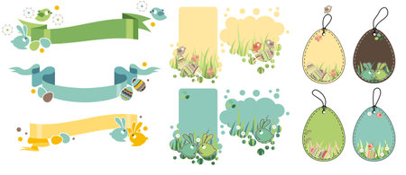 Easter festive labels and stickers isolated on white background. Funny rabbits, birds and painted eggs.のイラスト素材