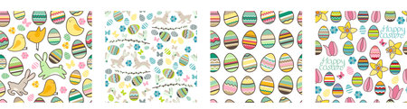 Seamless patterns with easter symbols, eggs and birds. Collection with endless texturesのイラスト素材