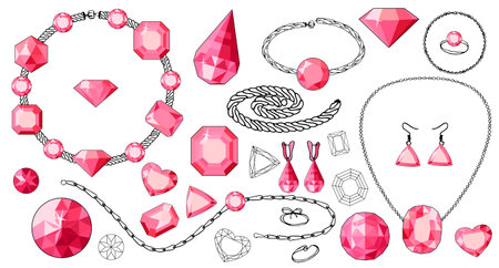 Chains, bracelets, rings with rubies isolated on white background.のイラスト素材