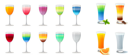Different cocktails and juices on whiteのイラスト素材
