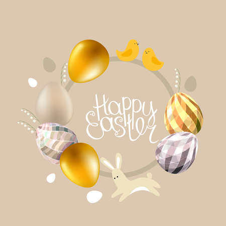 Easter template with eggs, birds, rabbit and festive symbols of spring holiday.のイラスト素材