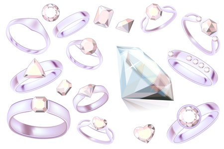 Set with different platinum and gold rings with diamonds isolated on white backgroundのイラスト素材
