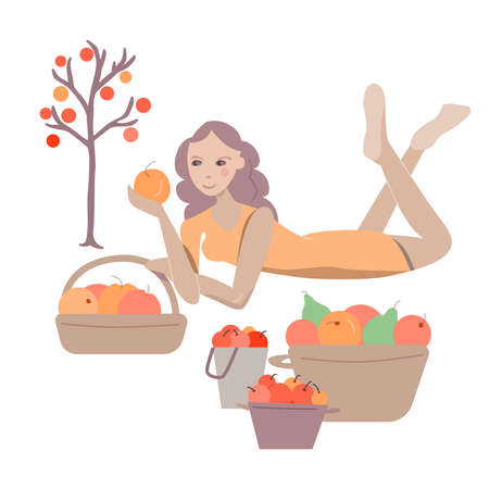 Pretty girl with apples in the gardenのイラスト素材