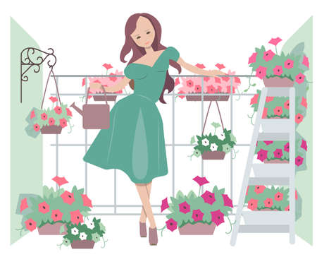 Pretty girl standing at a balcony around home plants and flowers. Young woman isolated on white background. illustration can be used for plant growing, gardening, home decorationのイラスト素材