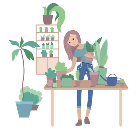 Young woman with many home plants around. Lifestyle and hobby. illustration can be used for gardening, home planting and farmingのイラスト素材