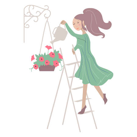 Young woman watering beautiful flower in flowerpot. illustration can be used for gardening, home planting and farmingのイラスト素材