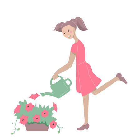 Young woman watering beautiful flower in flowerpot. illustration can be used for gardening, home planting and farmingのイラスト素材