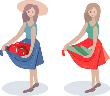 Young woman showing harvest. Red tomatoes in baskets. Farmer isolated on white background. Vector illustration can be used for vegetable picking, farmingのイラスト素材