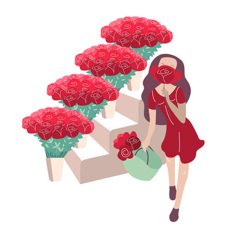 Young woman carries bag with red flowers, walking in a flower shop with big bunches of roses.のイラスト素材