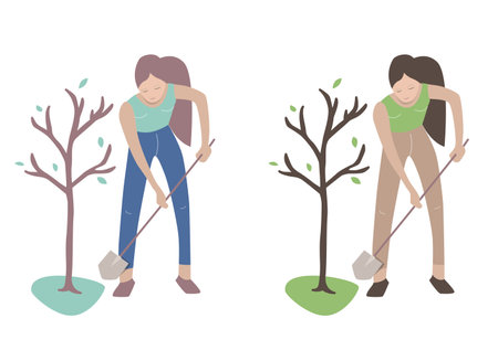 Woman with shovel planting young tree. Person isolated in white background, flat cartoon style. Two variants of color.のイラスト素材