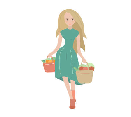 Young woman holding basket with fresh vegetables. Farmer isolated on white background. illustration can be used for vegetable picking,, farmingのイラスト素材