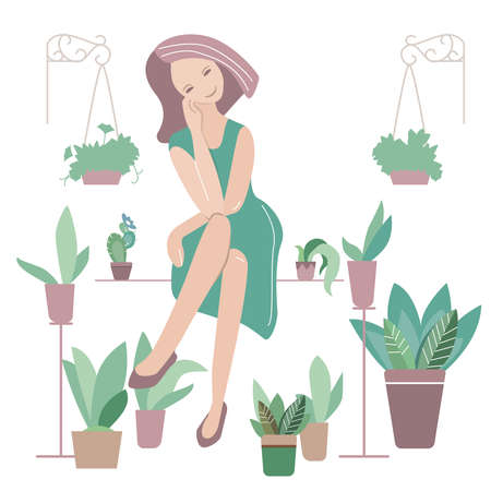 Young woman with many home plants around. Lifestyle and hobby. illustration can be used for gardening, home planting and farmingのイラスト素材