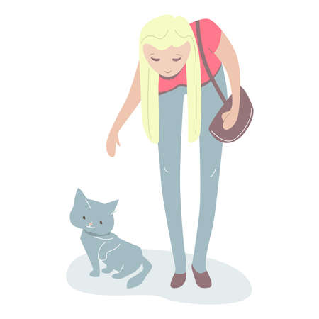 Young woman looking at a cat, want to take cake of it.のイラスト素材