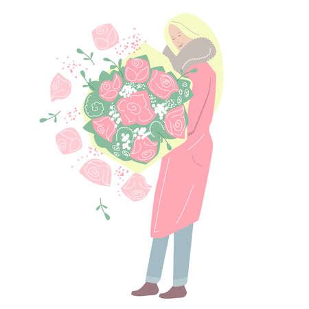 Young woman stands and carries present - a big bunch of pink roses.のイラスト素材