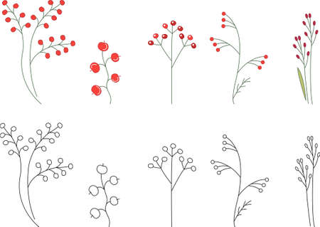 Set with stylized cute childish flowers on white background. Colored and linear black and white version. Illustration can be used for greeting cards and coloring books.のイラスト素材