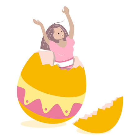 Girl in big cracked Easter festive egg. Festive spring illustration can be used for Easter design templates.のイラスト素材