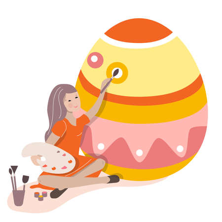 Young girl sitting and painting big easter egg. Festive spring illustration can be used for Easter design templates.のイラスト素材