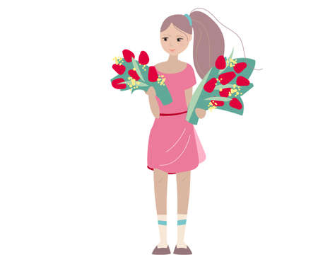 Young girl holding bunches of red tulips. Festive illustration, can be used for spring and Easter design templatesのイラスト素材