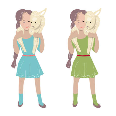 Young girl stands with lamb. Illustration can be used for festive and Easter design.のイラスト素材