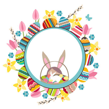 Young girl standing with basket of painted eggs and white rabbit. Spring flowers around. Festive spring illustration can be used for Easter design templates.のイラスト素材