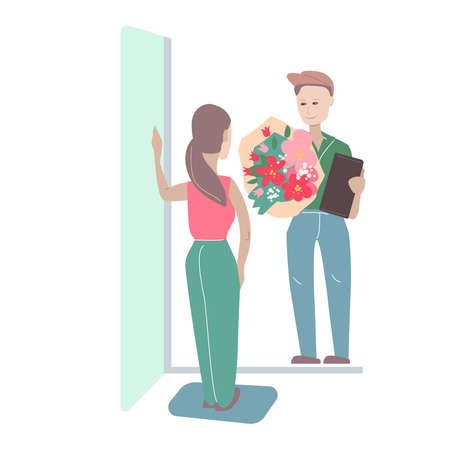 Man holding floral present - a big bunch of flowers. Illustration can be used for delivery shopping in flower shops.のイラスト素材