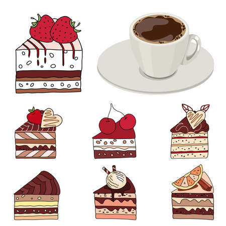 Set with different slices of cake and cup of coffee espresso. Objects isolated on white background. Illustration can be used for restaurants and cafe menu.のイラスト素材