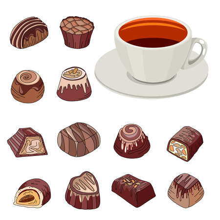 Set with different chocolate sweets and cup of tea. Objects isolated on white background. Illustration can be used for restaurants, confectionary and cafe menu.のイラスト素材