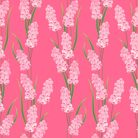Seamless pattern with different cute flowers, pink muscari. Endless texture for romantic design and decoration.のイラスト素材